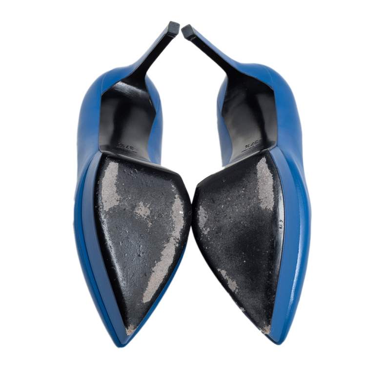Pre Owned Saint Laurent Blue Leather Janis Pointed Toe Platform Pumps Size 37.5