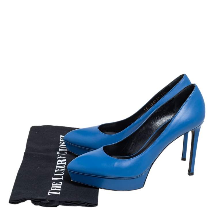 Pre Owned Saint Laurent Blue Leather Janis Pointed Toe Platform Pumps Size 37.5