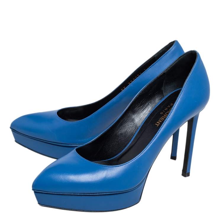 Pre Owned Saint Laurent Blue Leather Janis Pointed Toe Platform Pumps Size 37.5