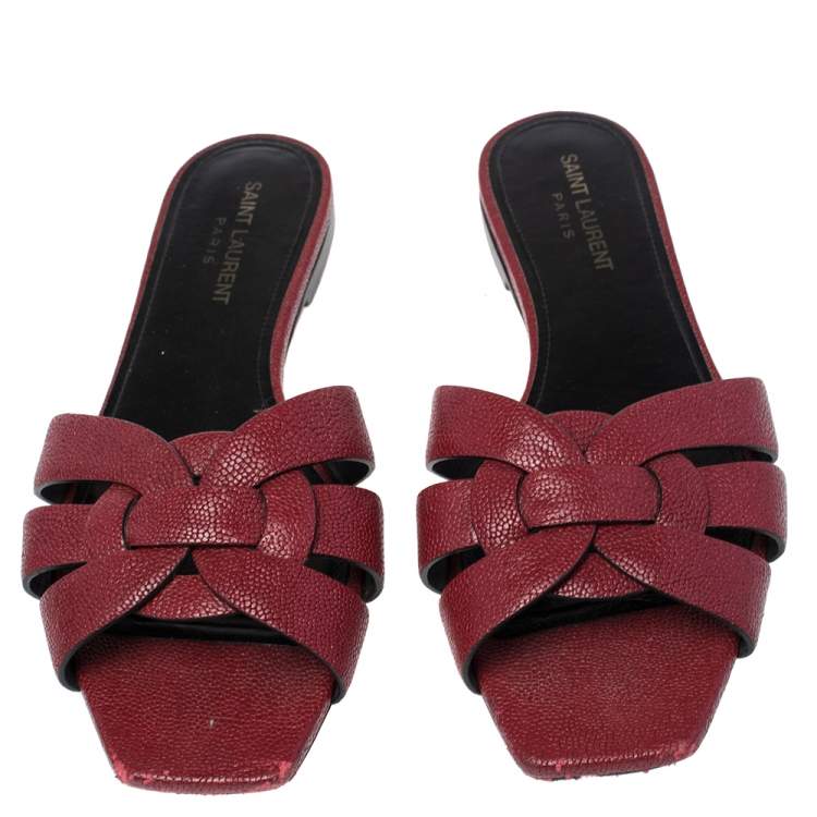 Pre Owned Saint Laurent Paris Red Lizard Embossed Leather Tribute Flat Slides Size 39
