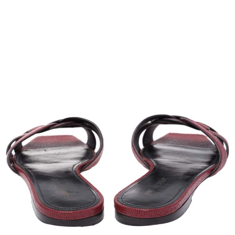 Pre Owned Saint Laurent Paris Red Lizard Embossed Leather Tribute Flat Slides Size 39