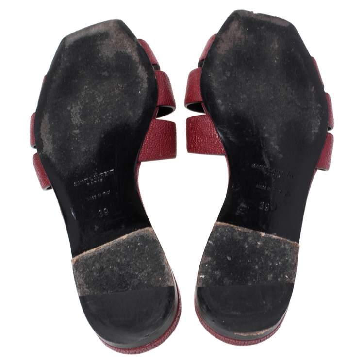 Pre Owned Saint Laurent Paris Red Lizard Embossed Leather Tribute Flat Slides Size 39