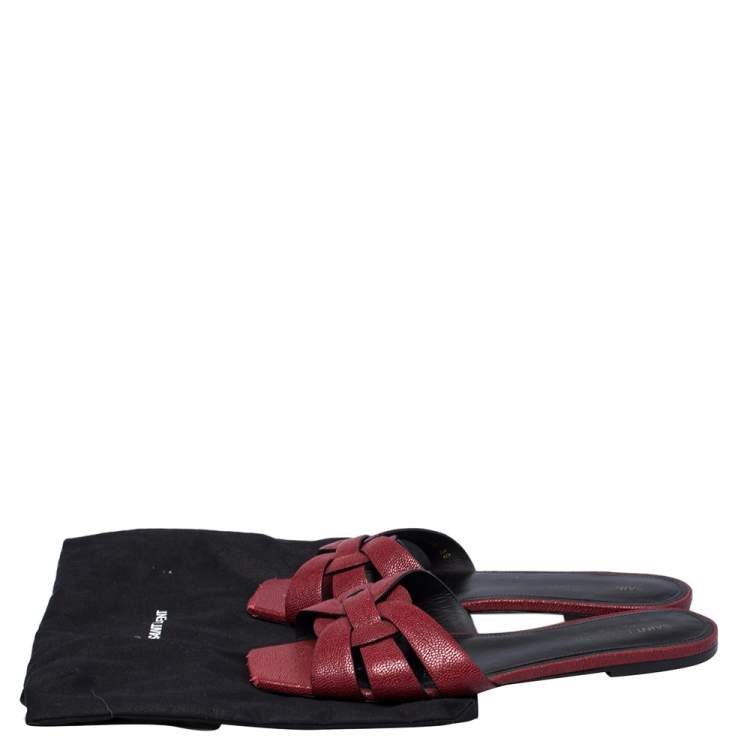 Pre Owned Saint Laurent Paris Red Lizard Embossed Leather Tribute Flat Slides Size 39