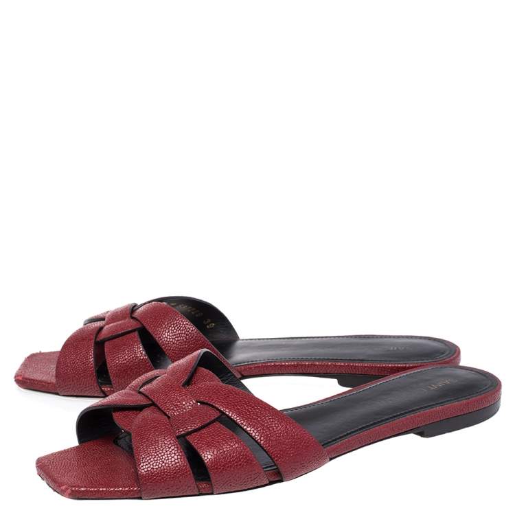 Pre Owned Saint Laurent Paris Red Lizard Embossed Leather Tribute Flat Slides Size 39
