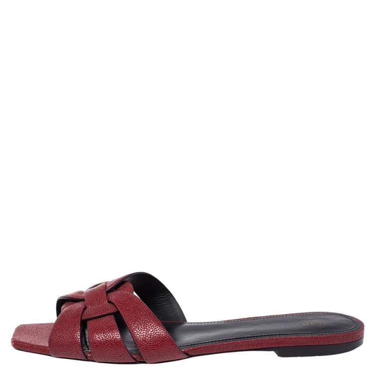 Pre Owned Saint Laurent Paris Red Lizard Embossed Leather Tribute Flat Slides Size 39