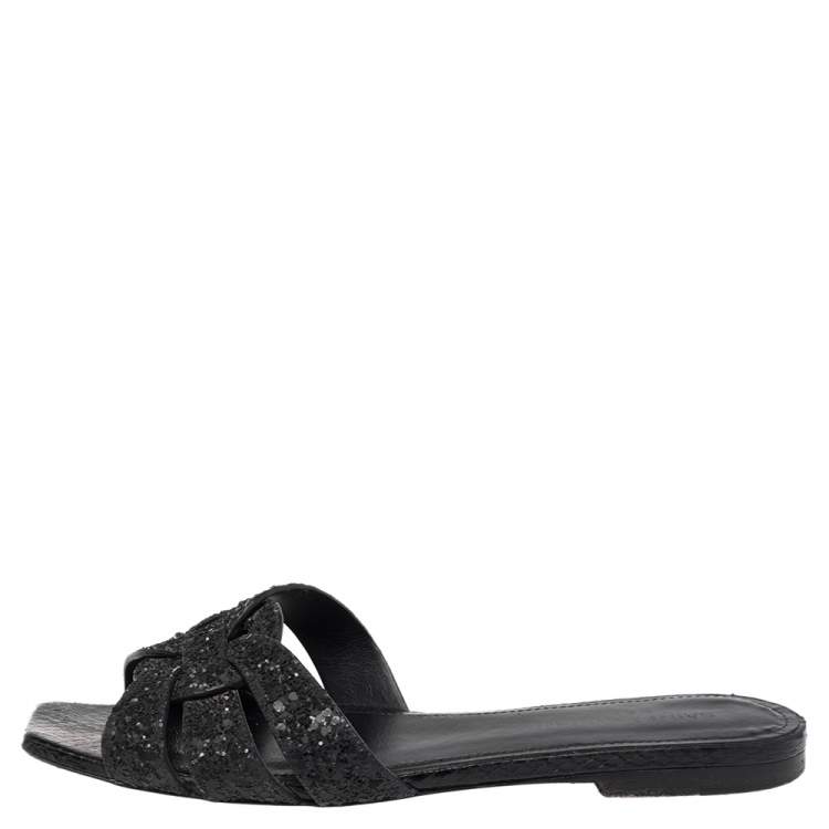 Pre Owned Saint Laurent Black Glitter and Ayers Tribute Flat Slides Size 35