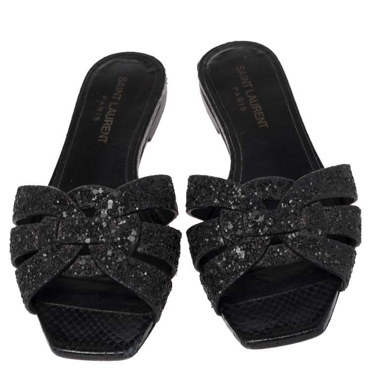 Pre Owned Saint Laurent Black Glitter and Ayers Tribute Flat Slides Size 35