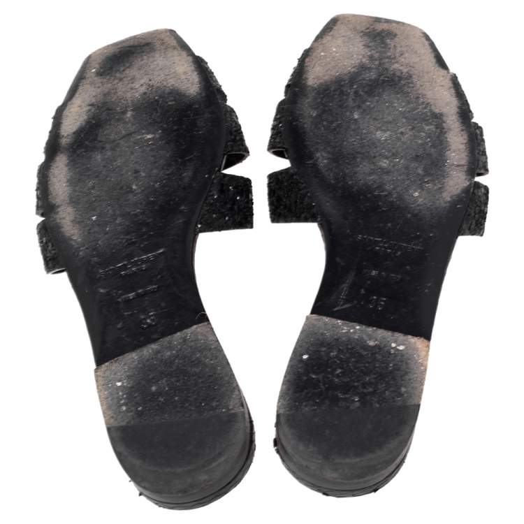 Pre Owned Saint Laurent Black Glitter and Ayers Tribute Flat Slides Size 35