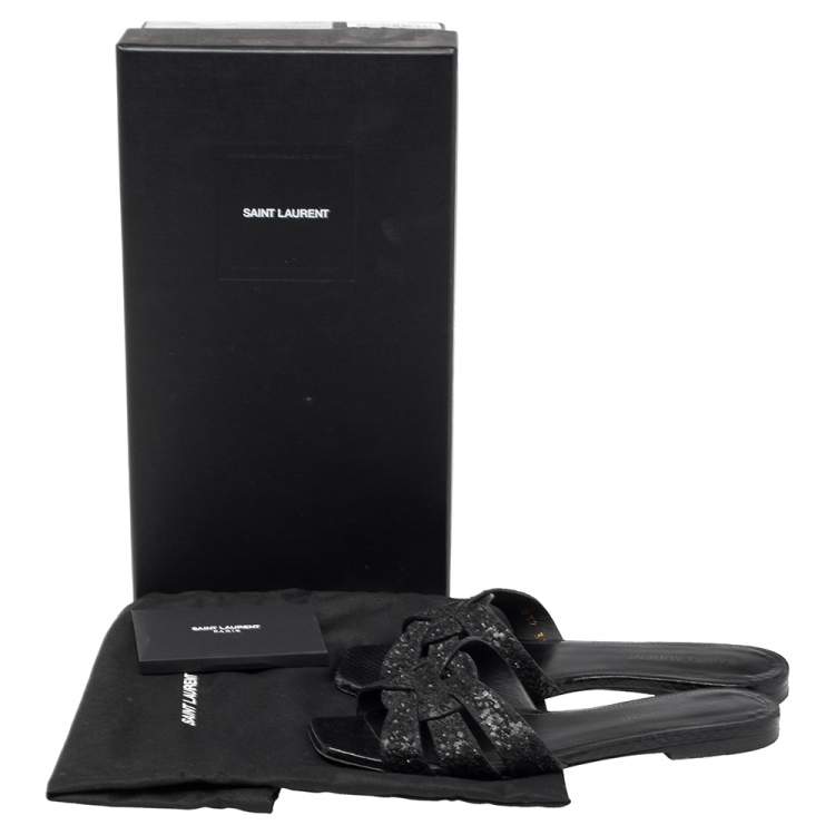 Pre Owned Saint Laurent Black Glitter and Ayers Tribute Flat Slides Size 35