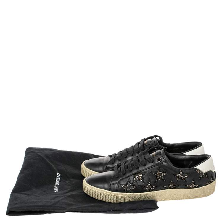 Pre Owned Saint Laurent Black Leather and Glitter Court Classic Star Low Top Sneakers Size 38.5