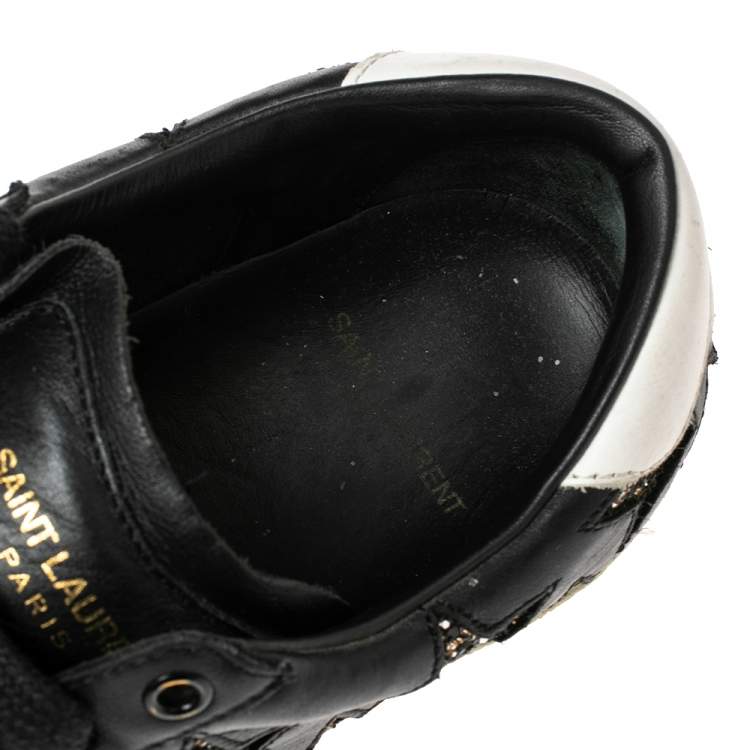 Pre Owned Saint Laurent Black Leather and Glitter Court Classic Star Low Top Sneakers Size 38.5