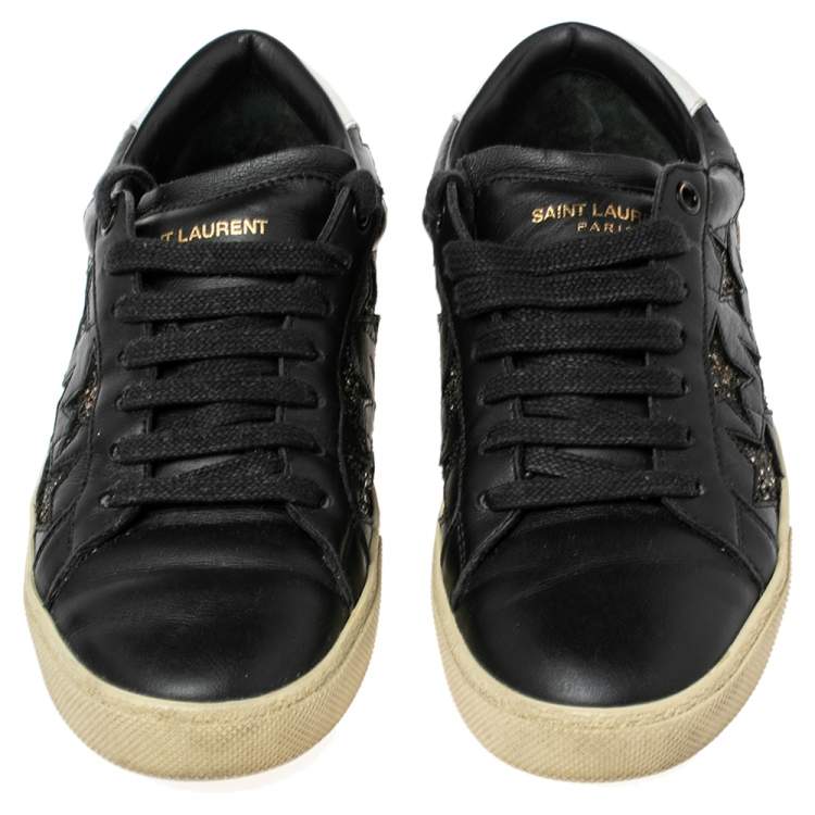Pre Owned Saint Laurent Black Leather and Glitter Court Classic Star Low Top Sneakers Size 38.5