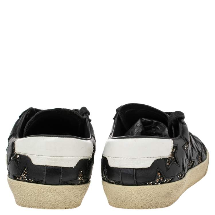 Pre Owned Saint Laurent Black Leather and Glitter Court Classic Star Low Top Sneakers Size 38.5