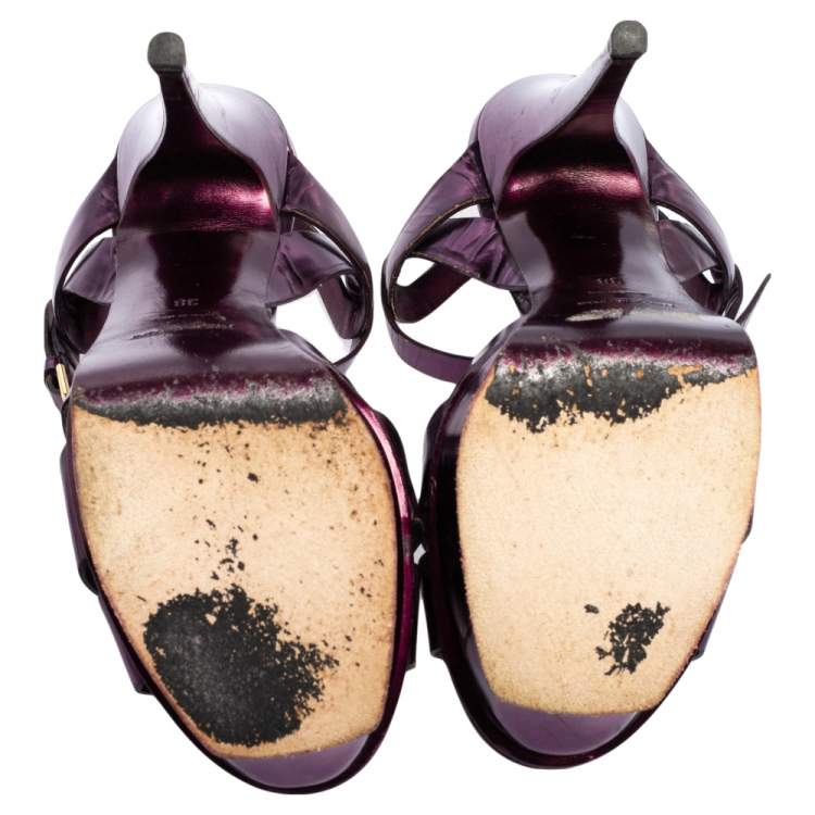 Pre Owned Saint Laurent Metallic Purple Leather Tribute Sandals Size 38