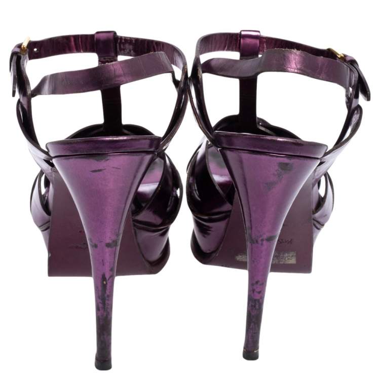 Pre Owned Saint Laurent Metallic Purple Leather Tribute Sandals Size 38