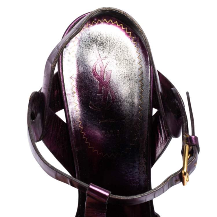 Pre Owned Saint Laurent Metallic Purple Leather Tribute Sandals Size 38