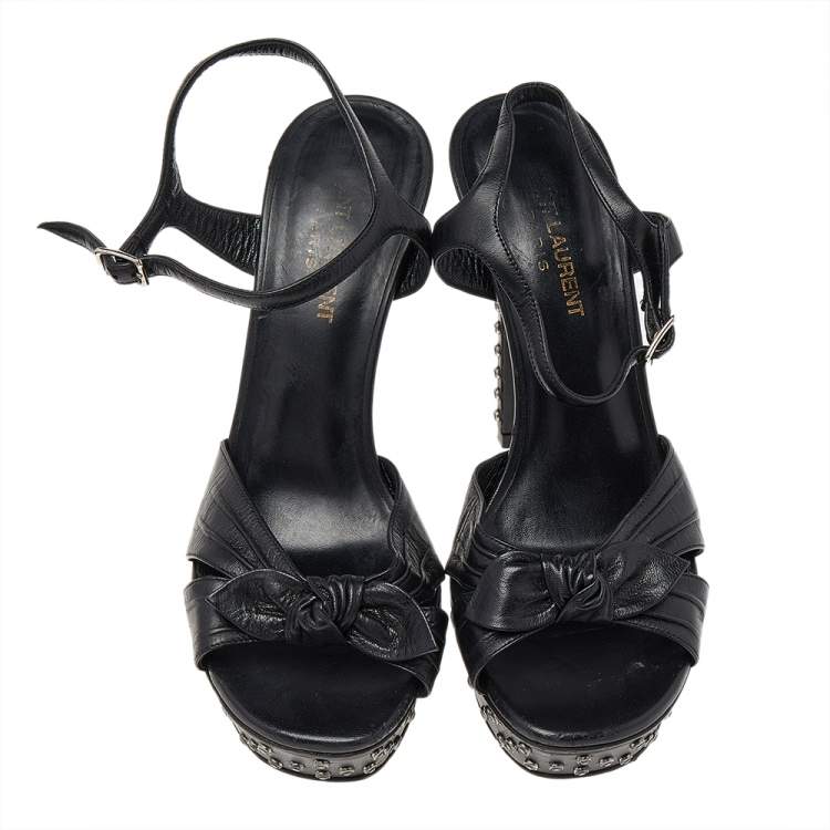 Pre Owned Saint Laurent Black Leather Embellished Platform Ankle Strap Sandals Size 38