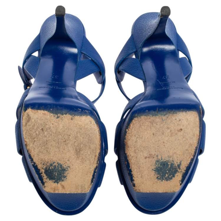 Pre Owned Saint Laurent Blue Leather Tribute Platform Sandals Size 37