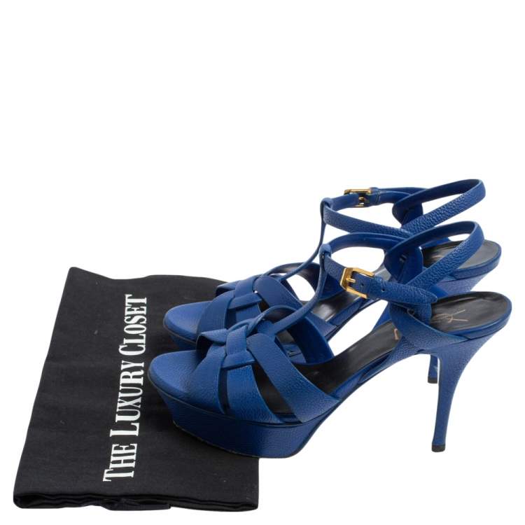 Pre Owned Saint Laurent Blue Leather Tribute Platform Sandals Size 37
