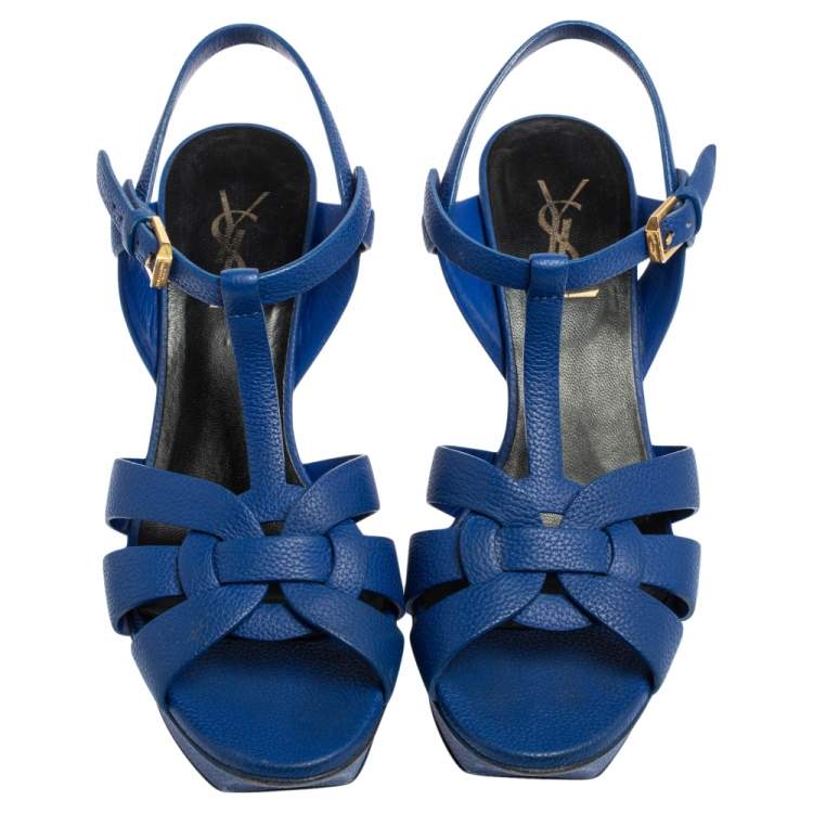 Pre Owned Saint Laurent Blue Leather Tribute Platform Sandals Size 37