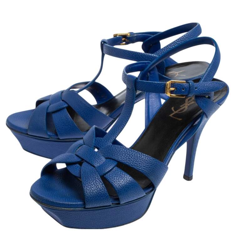 Pre Owned Saint Laurent Blue Leather Tribute Platform Sandals Size 37