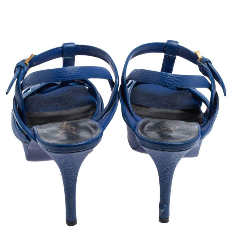 Pre Owned Saint Laurent Blue Leather Tribute Platform Sandals Size 37