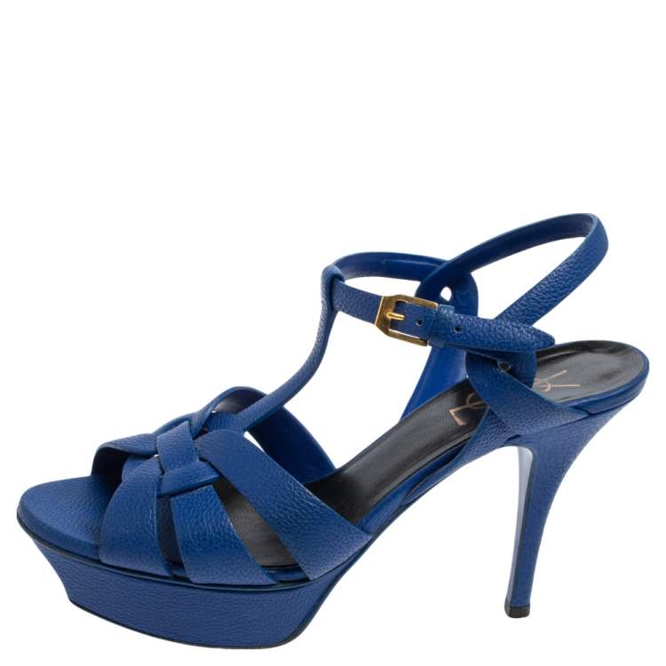 Pre Owned Saint Laurent Blue Leather Tribute Platform Sandals Size 37