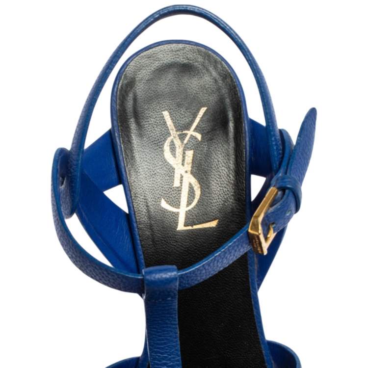 Pre Owned Saint Laurent Blue Leather Tribute Platform Sandals Size 37