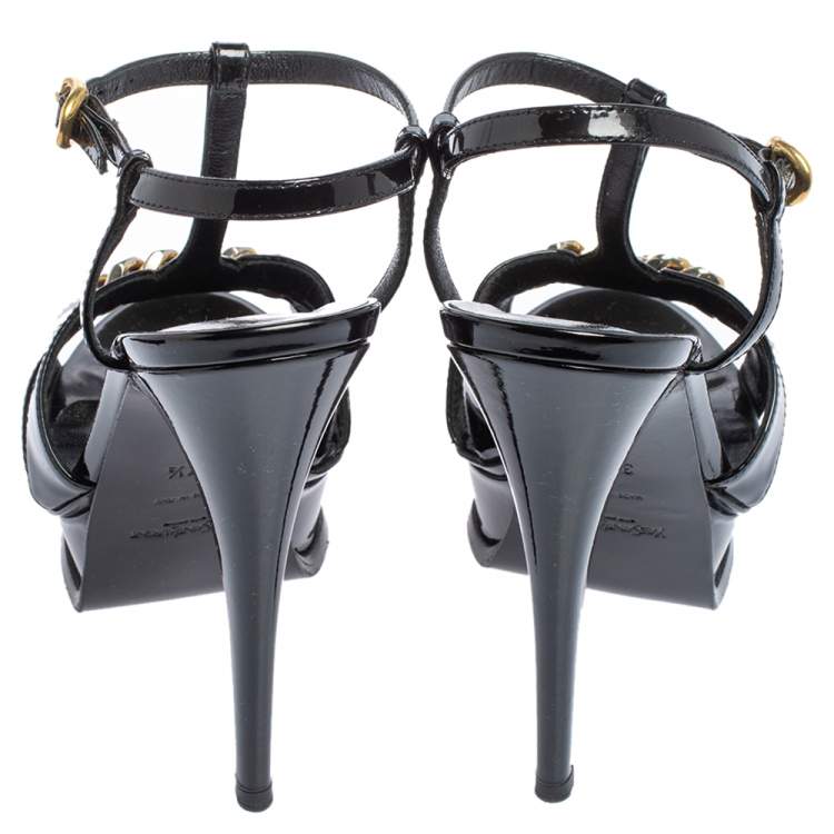 Pre Owned Saint Laurent Black Patent Leather Tribute Sandals Size 37.5