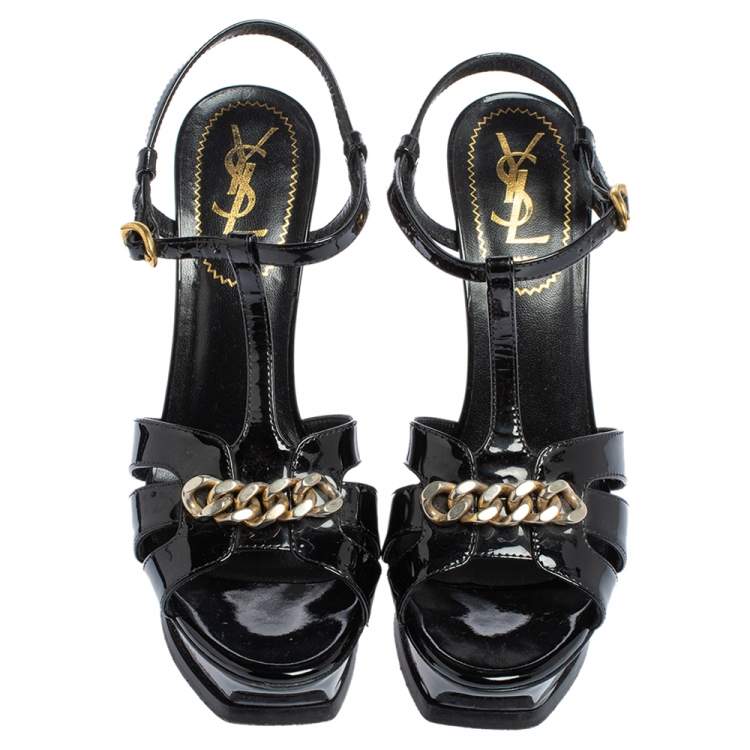 Pre Owned Saint Laurent Black Patent Leather Tribute Sandals Size 37.5