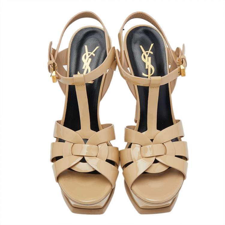Pre Owned Saint Laurent Beige Patent Leather Tribute Platform Sandals Size 36