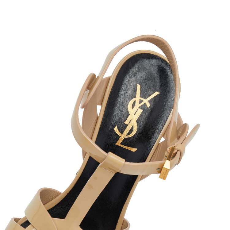 Pre Owned Saint Laurent Beige Patent Leather Tribute Platform Sandals Size 36