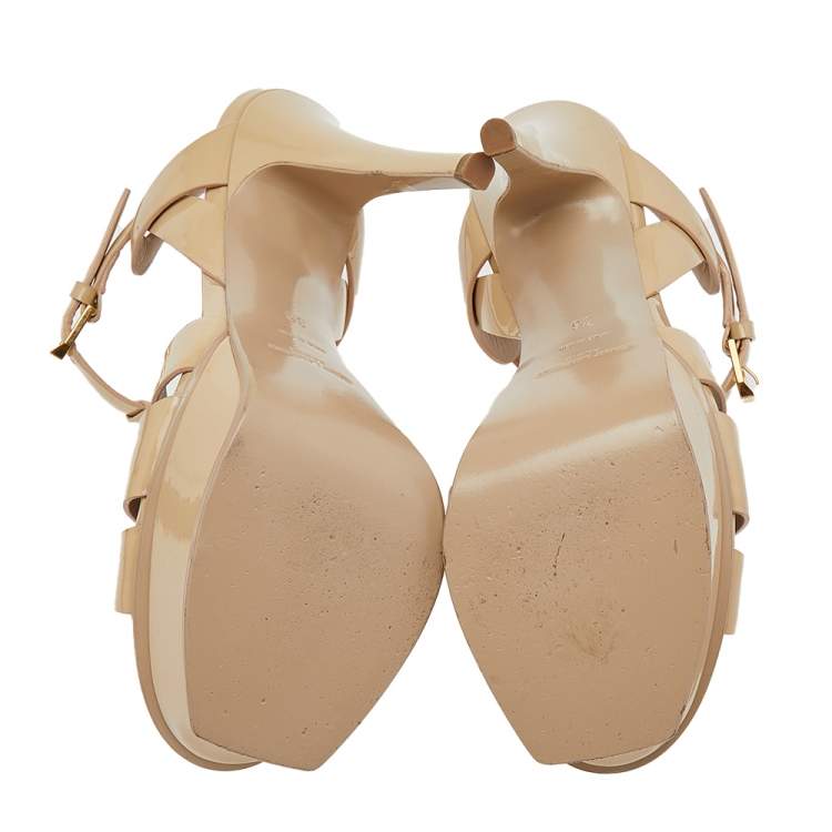 Pre Owned Saint Laurent Beige Patent Leather Tribute Platform Sandals Size 36