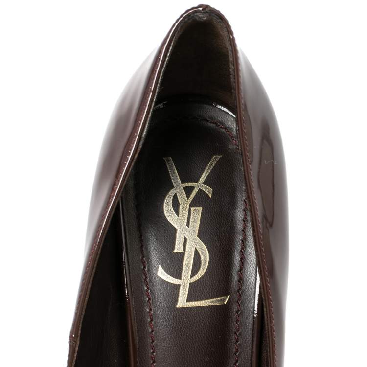 مملوكة مسبقًا Saint Laurent Dark Brown Patent Leather Tribtoo Platform Pumps Size 38