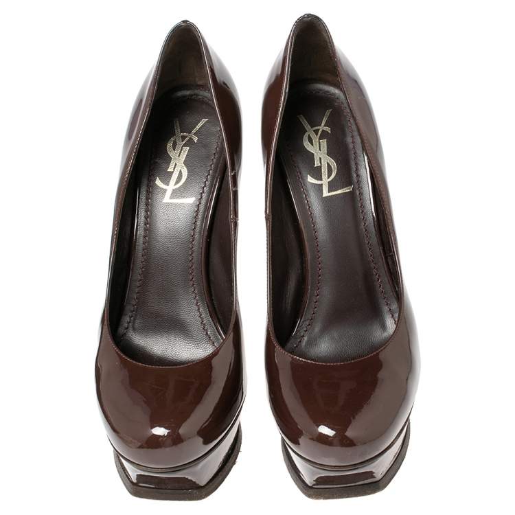 مملوكة مسبقًا Saint Laurent Dark Brown Patent Leather Tribtoo Platform Pumps Size 38