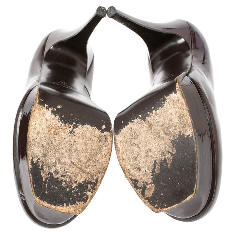 مملوكة مسبقًا Saint Laurent Dark Brown Patent Leather Tribtoo Platform Pumps Size 38