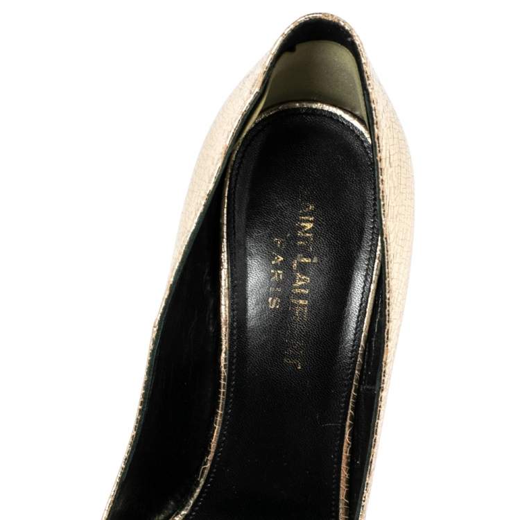 Pre Owned Saint Laurent Gold Cracked Leather Anja 105 Pumps Size 37.5