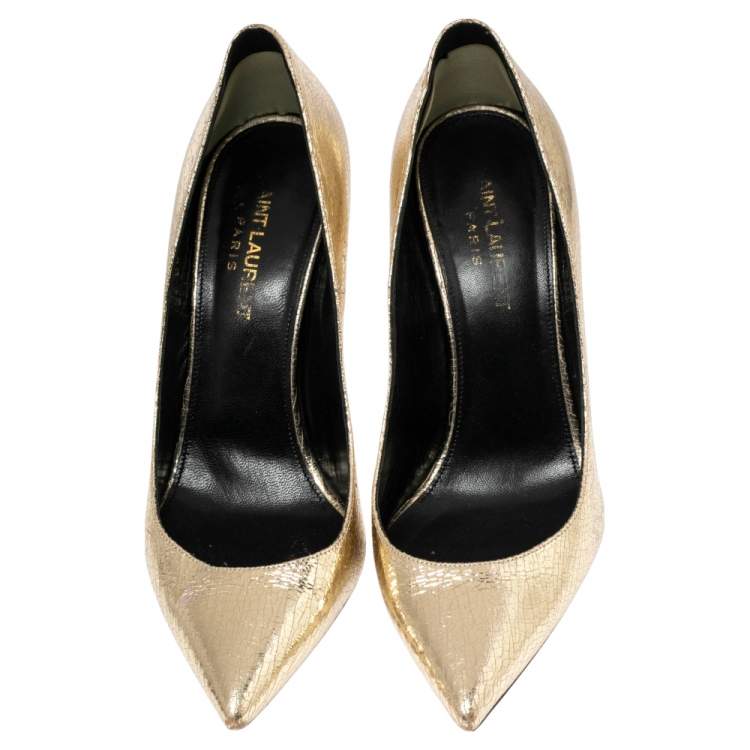 Pre Owned Saint Laurent Gold Cracked Leather Anja 105 Pumps Size 37.5