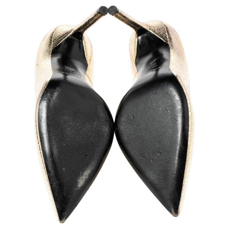 Pre Owned Saint Laurent Gold Cracked Leather Anja 105 Pumps Size 37.5
