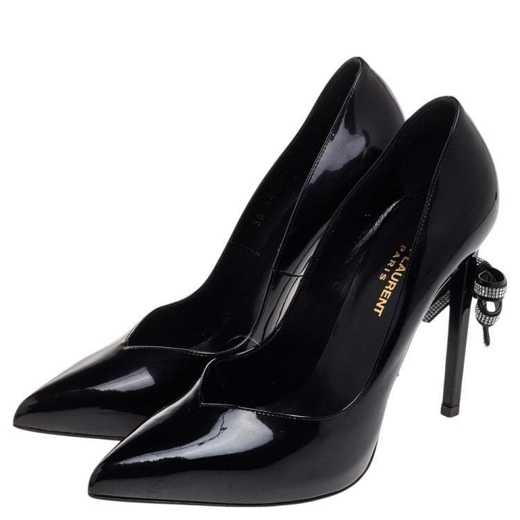Pre Owned Saint Laurent Black Patent Leather Embellished Bow Pointed Toe Pumps Size 39
