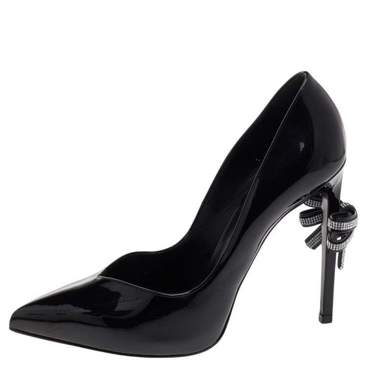 Pre Owned Saint Laurent Black Patent Leather Embellished Bow Pointed Toe Pumps Size 39