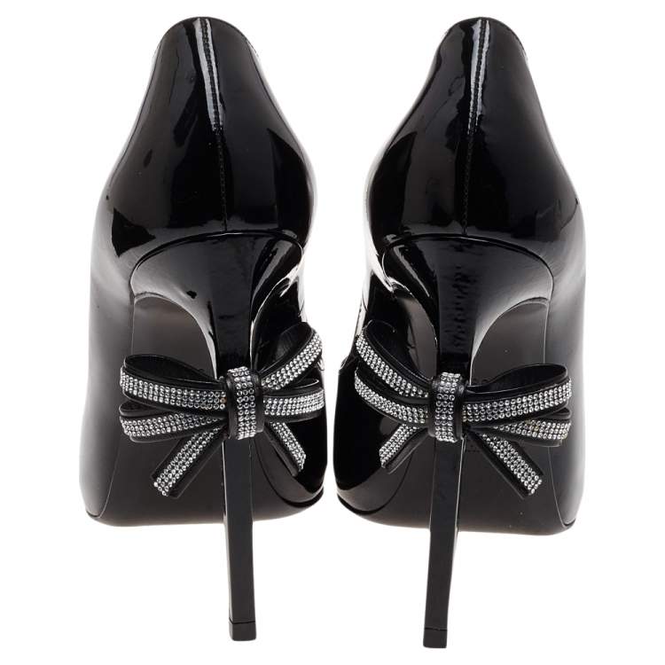 Pre Owned Saint Laurent Black Patent Leather Embellished Bow Pointed Toe Pumps Size 39