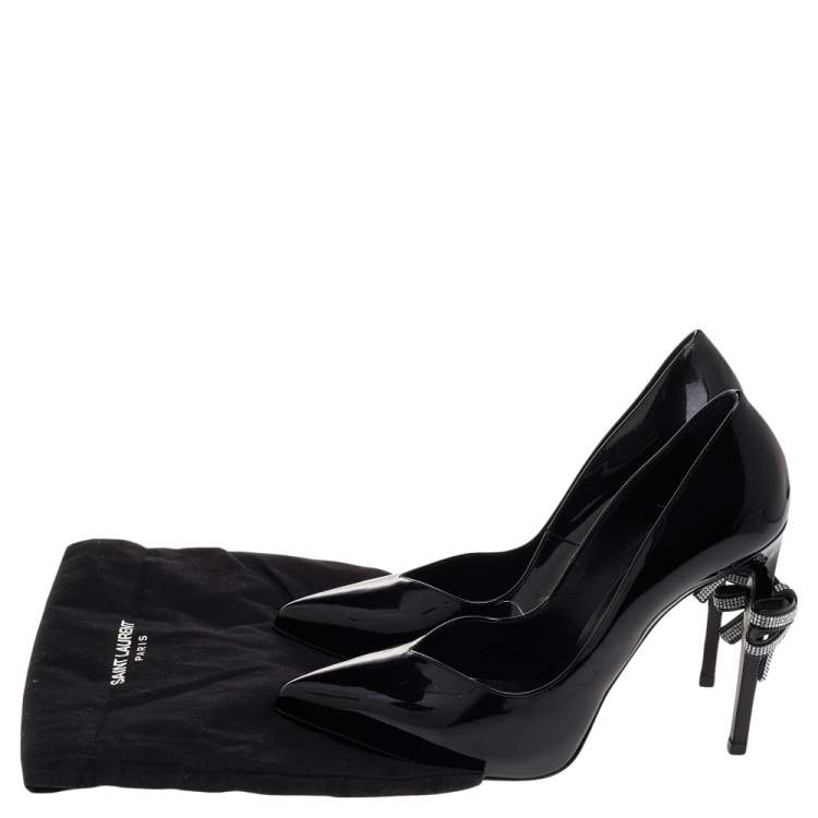 Pre Owned Saint Laurent Black Patent Leather Embellished Bow Pointed Toe Pumps Size 39