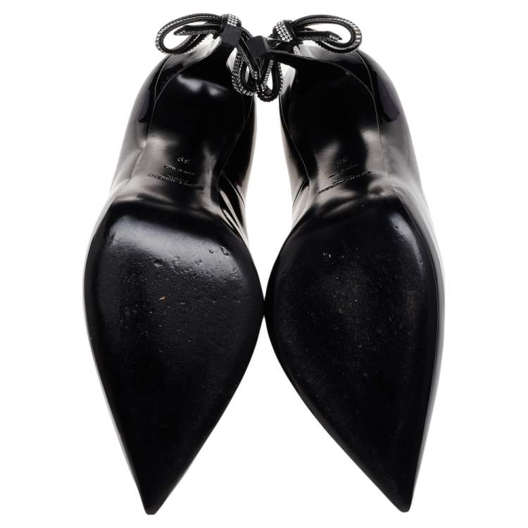 Pre Owned Saint Laurent Black Patent Leather Embellished Bow Pointed Toe Pumps Size 39