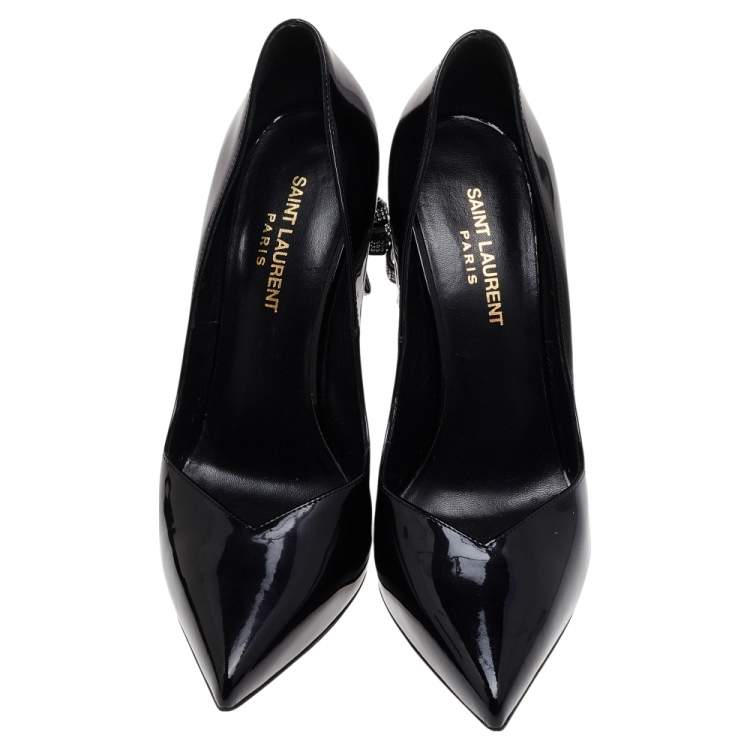 Pre Owned Saint Laurent Black Patent Leather Embellished Bow Pointed Toe Pumps Size 39