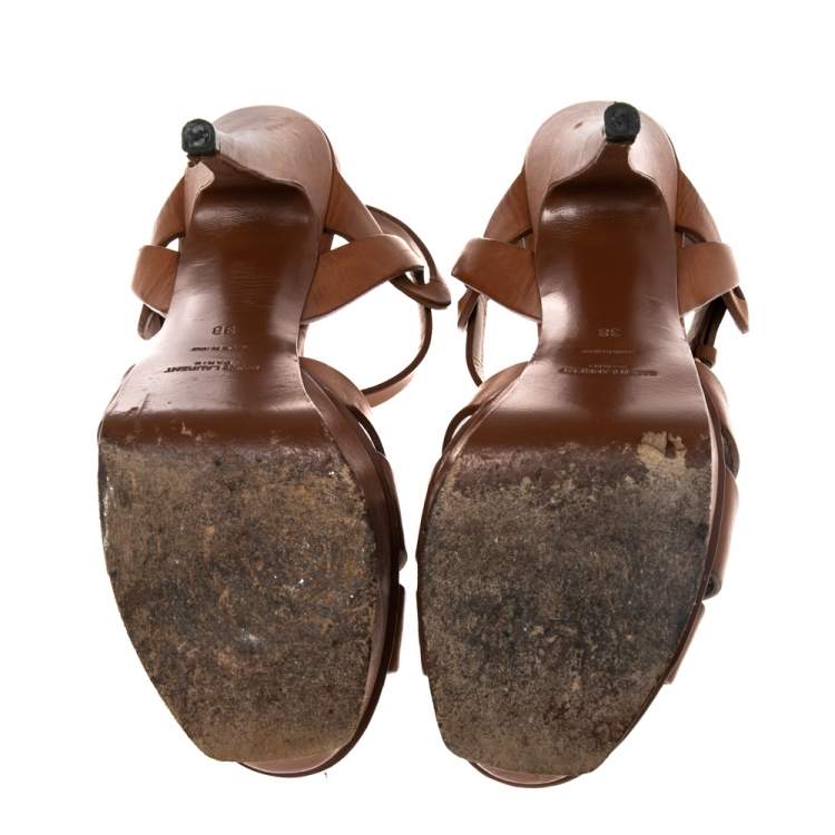 Pre Owned Saint Laurent Brown Leather Tribute Platform Sandals Size 38