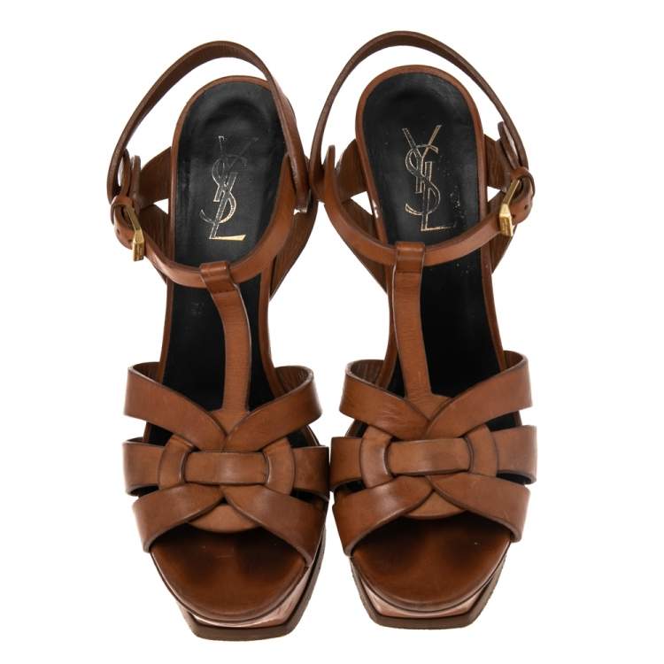 Pre Owned Saint Laurent Brown Leather Tribute Platform Sandals Size 38