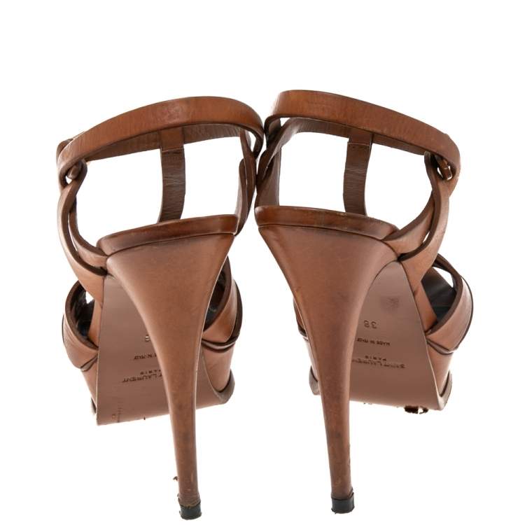 Pre Owned Saint Laurent Brown Leather Tribute Platform Sandals Size 38