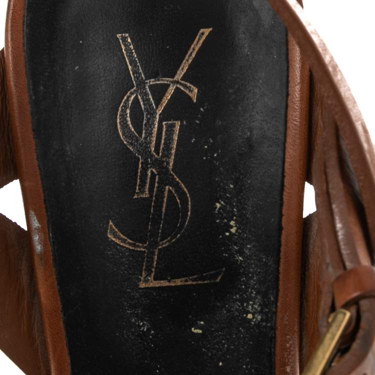 Pre Owned Saint Laurent Brown Leather Tribute Platform Sandals Size 38