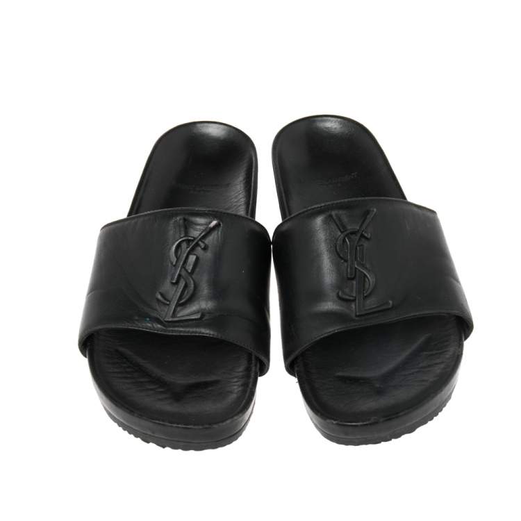 Pre Owned Saint Laurent Black Leather Jimmy Slide Flats Size 38